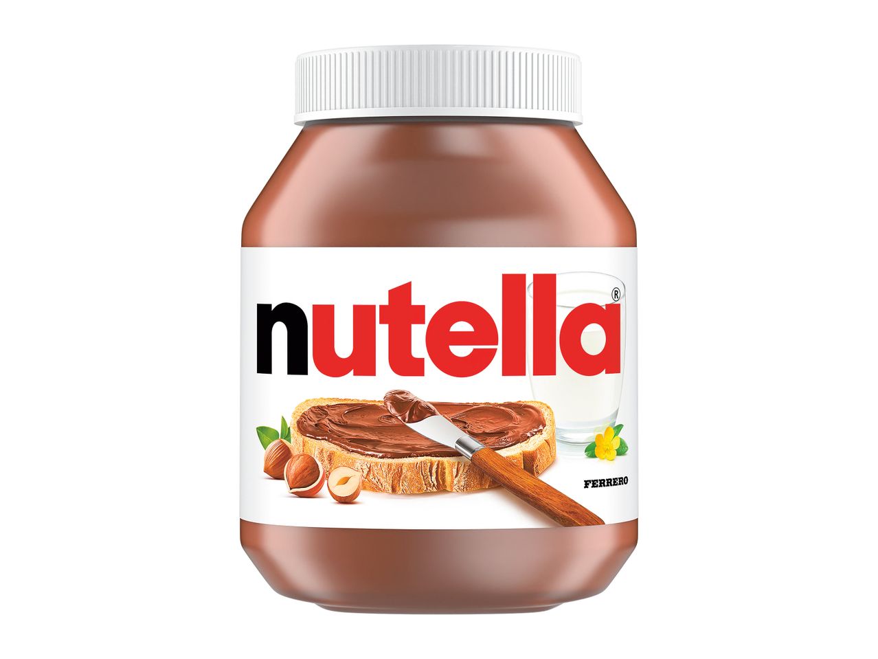 Un borcan de Nutella cu o etichetă care prezintă pâine prăjită cu Nutella, alune de pădure și un pahar cu lapte.