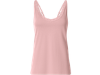 Top rosa feminino com detalhes de renda no decote e alças ajustáveis.