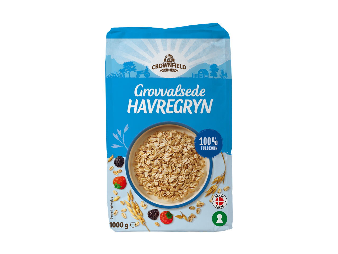 MADVÆRKET Grovvalsede havregryn pakke med skål havregryn og bær.