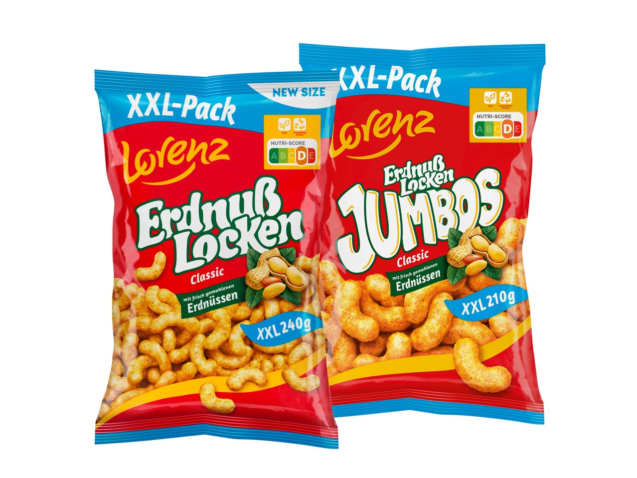 Zwei XXL-Packungen Lorenz Erdnuß Locken und Erdnuß Locken Jumbos.