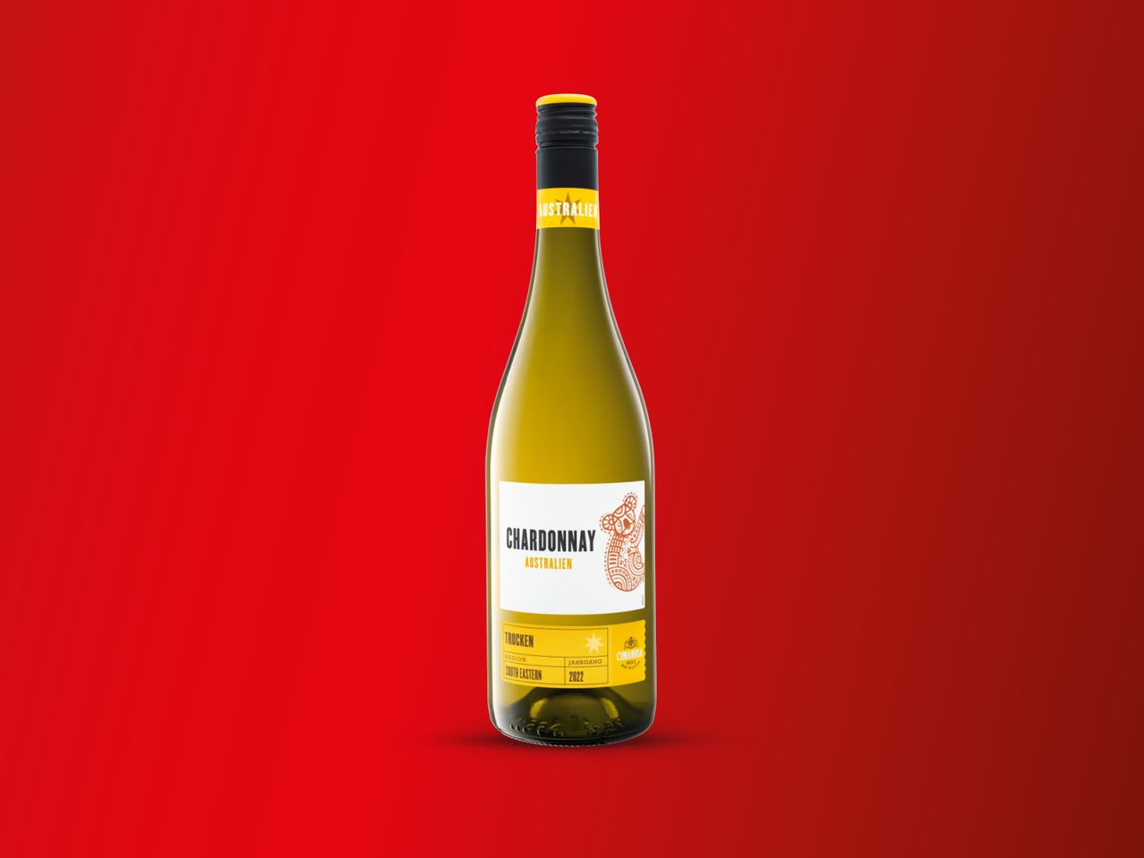 Boca bijelog vina Chardonnay Australija na crvenoj pozadini.