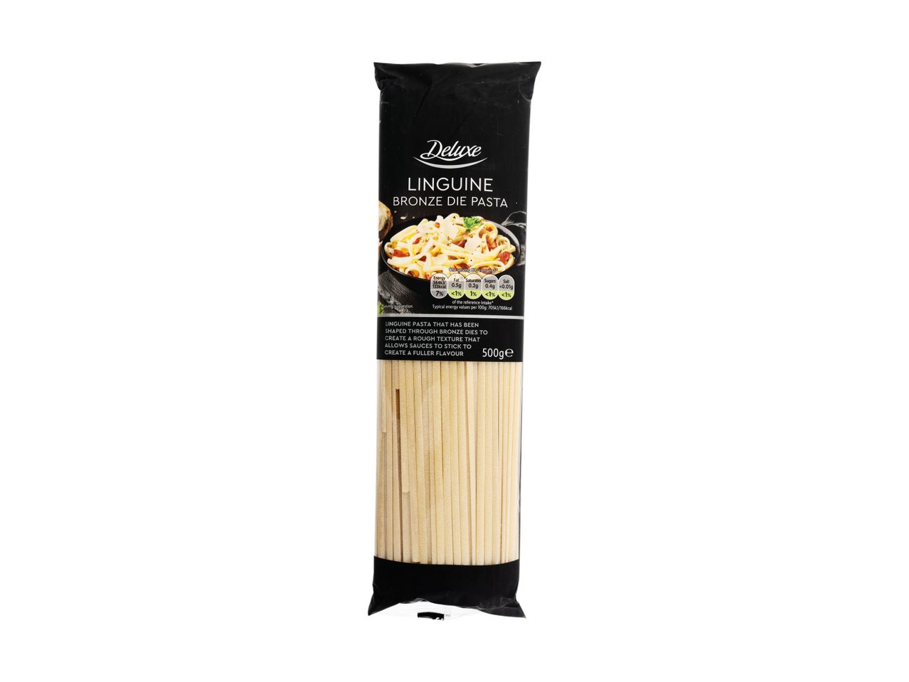 A package of linguine bronze die pasta, with nutritional information and a serving suggestion.