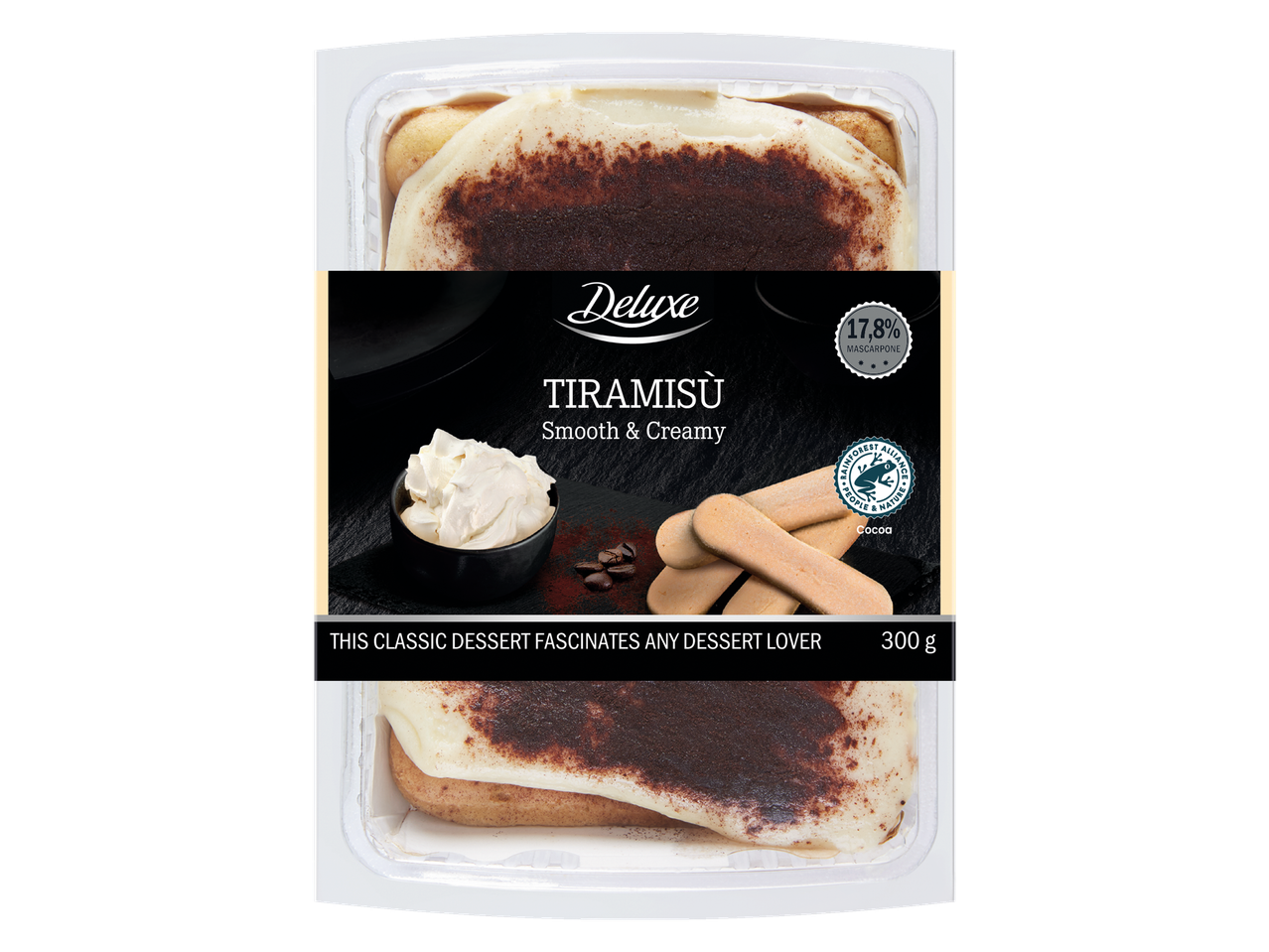 Kremėtas Deluxe Tiramisu su 17,8% maskarponės.