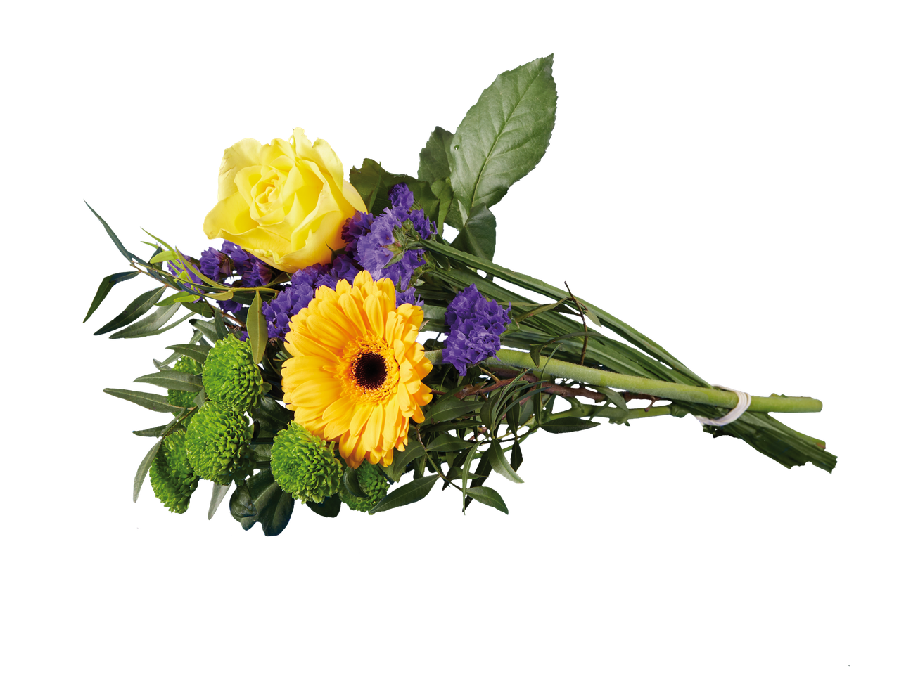 Buquê de gerberas amarelas, rosas e crisântemos verdes.