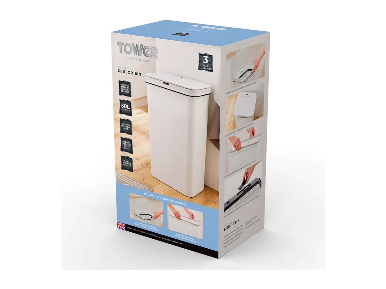 White 50-litre sensor bin with hygienic touch-free opening and a 3-year guarantee.