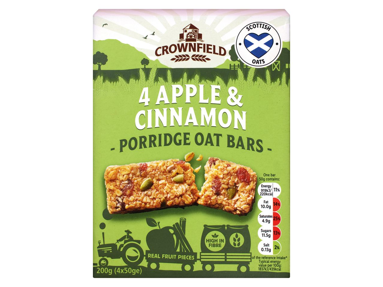 Crownfield Oats 4 Apple & Cinnamon Porridge Oat Bars, 200g pack.