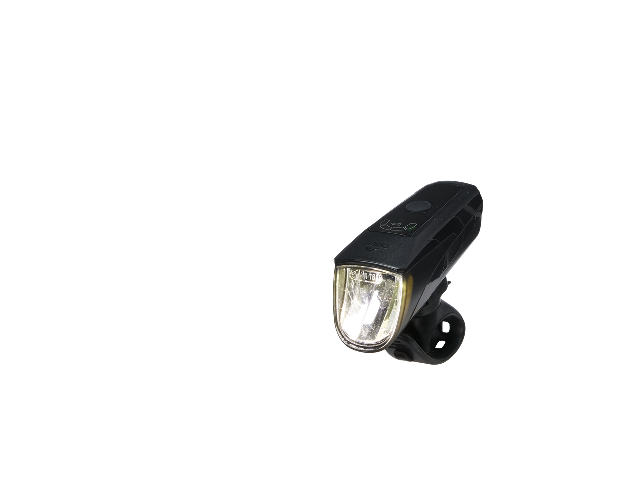 CRIVIT LED bike light, black, with a clear lens and visible internal components, on a black background.