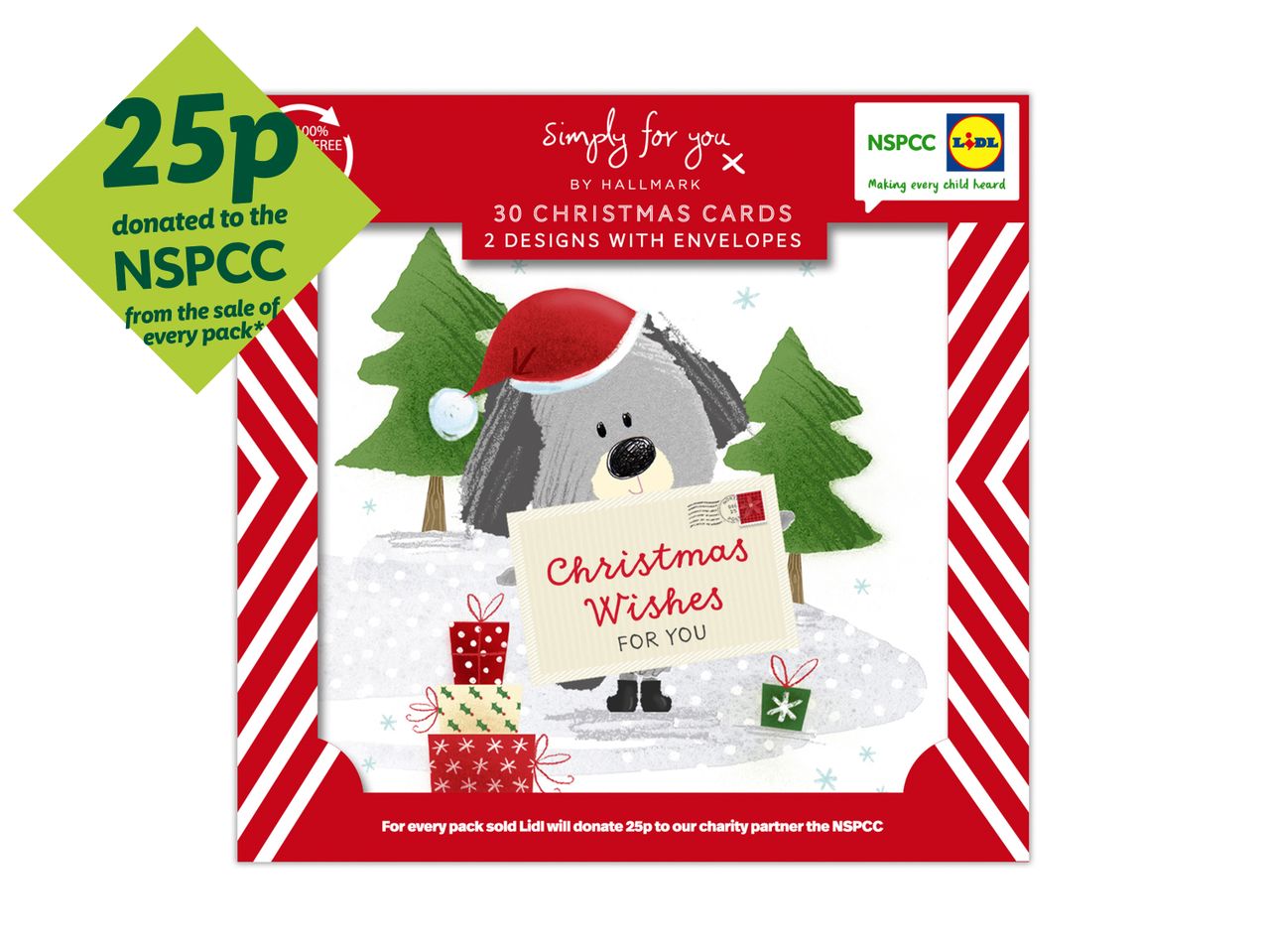 Hallmark Christmas cards with a dog in a Santa hat, supporting NSPCC.