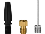 Three different nozzles for a mini compressor, including a black, a brass, and a silver one.