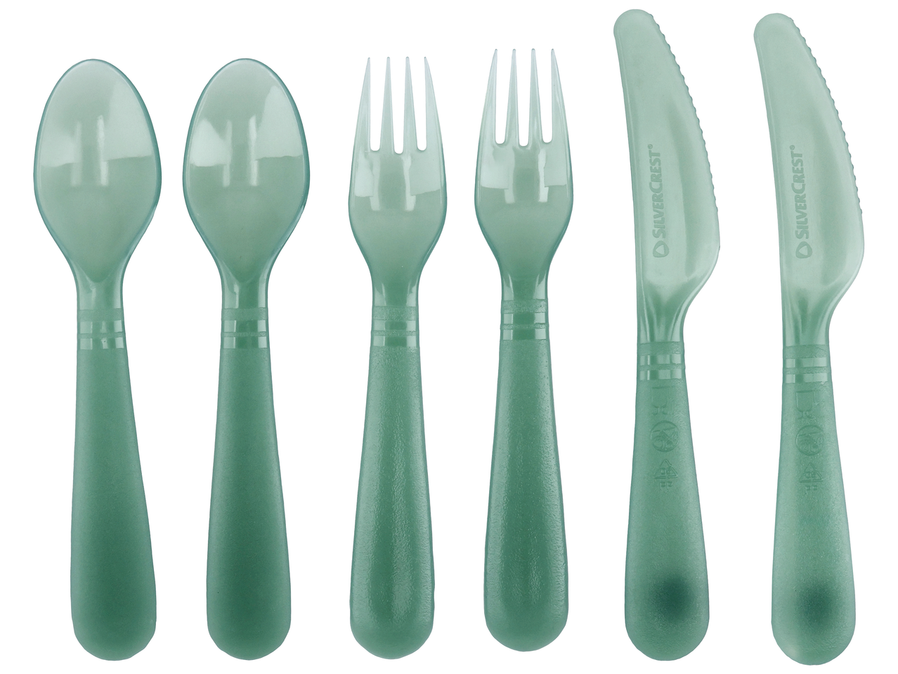 Six ustensiles de camping verts : deux cuillères, deux fourchettes et deux couteaux.