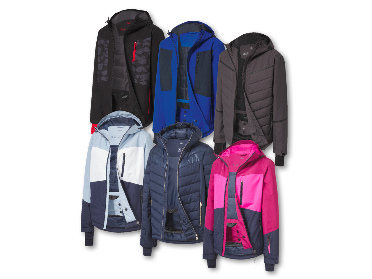 Sešas Crivit ziemas jakas dažādās krāsās: melnā, zilā, pelēkā, gaiši zilā, tumši zilā un rozā.