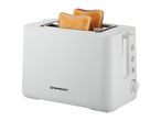 A white Panasonic two-slice toaster toasting bread.