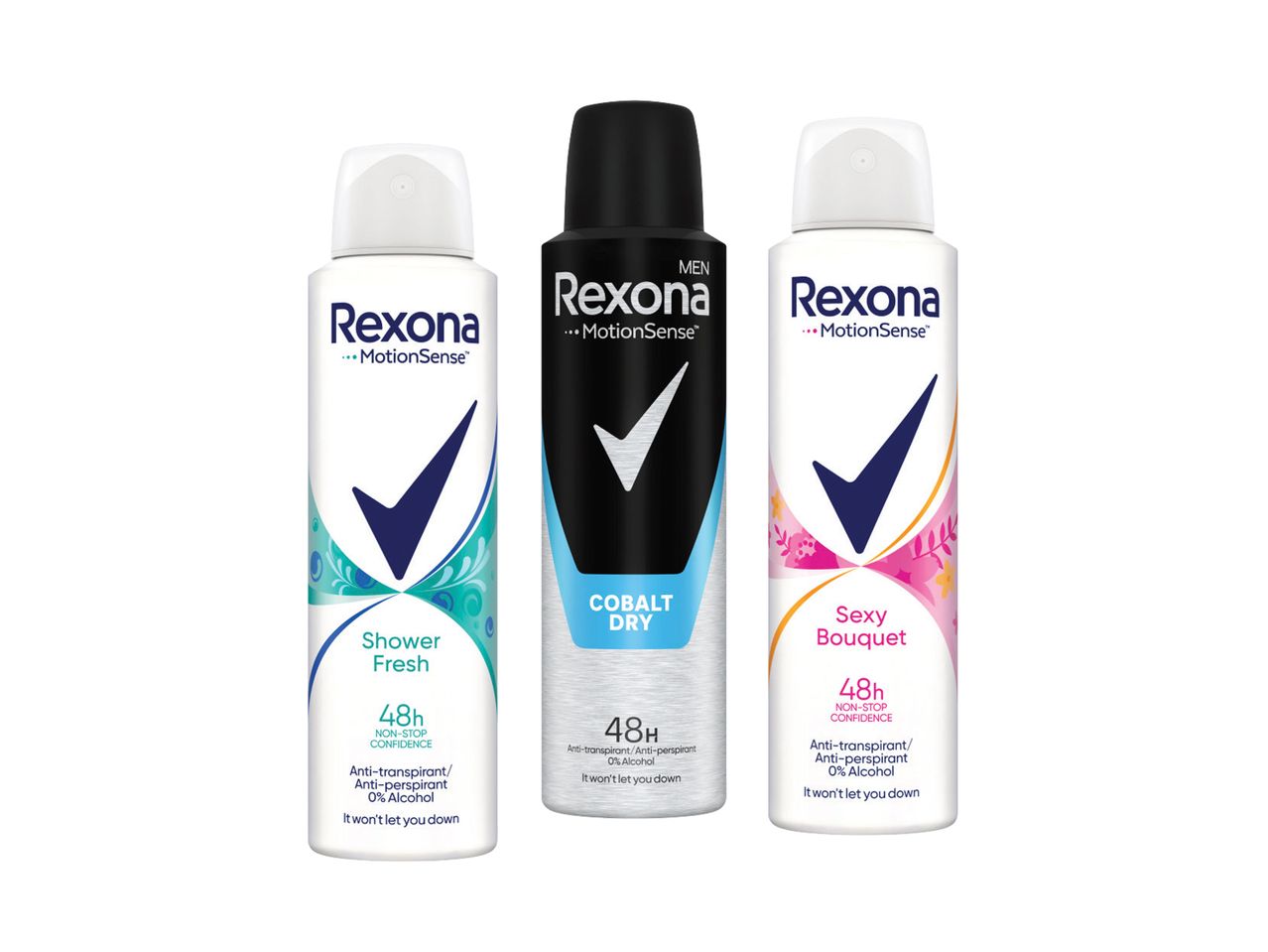 Tri Rexona dezodoransa u spreju: Shower Fresh, Cobalt Dry i Sexy Bouquet.