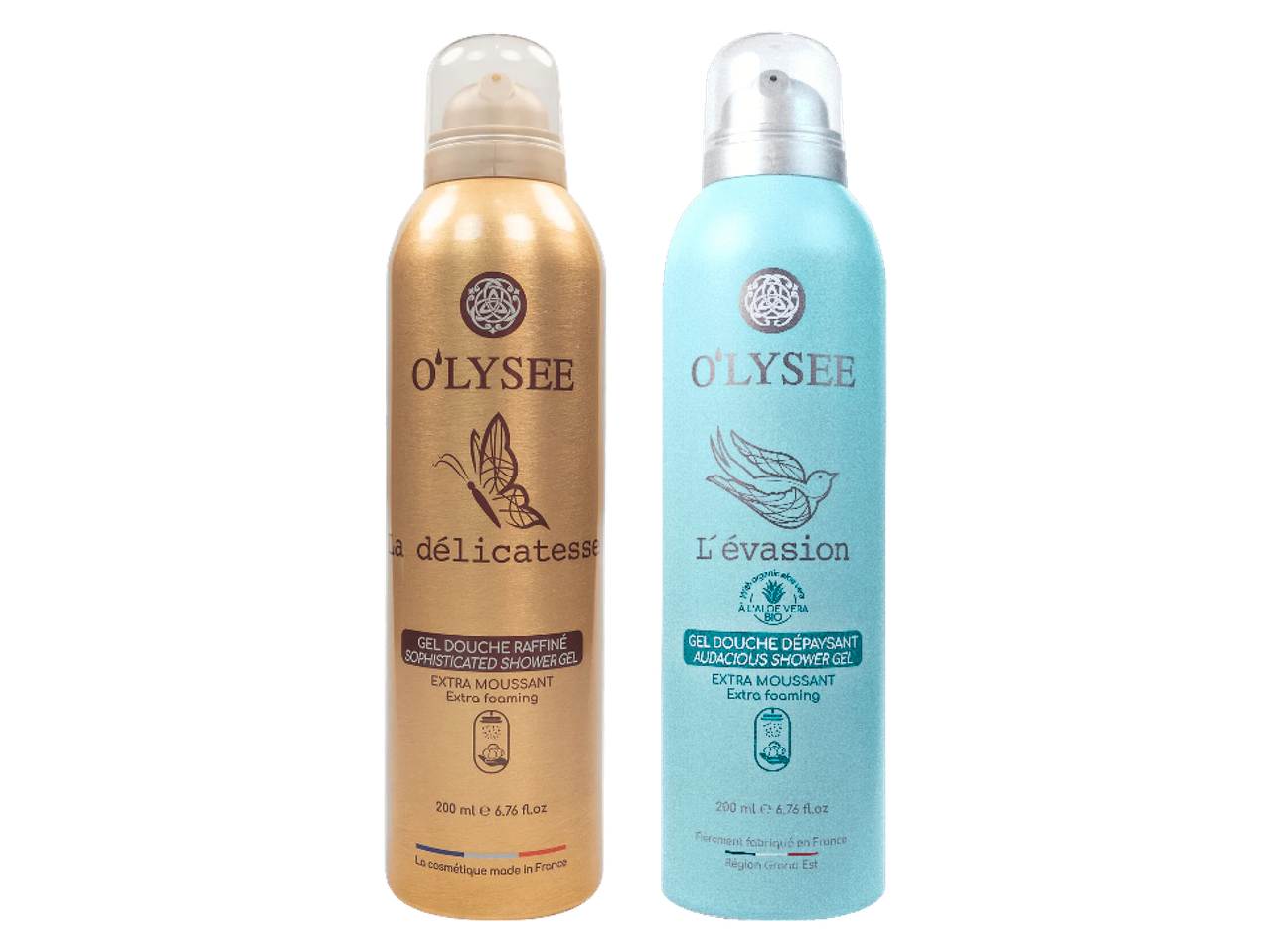 Kaks O'LYSEE dušigeeli pudelit: kuldne liblikaga ja sinine linnuga.