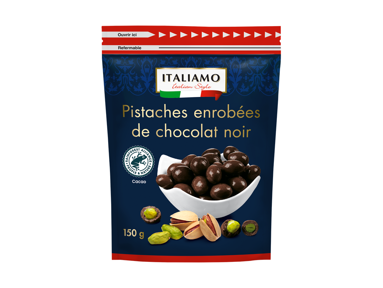 Sachet de pistaches enrobées de chocolat noir, avec le logo Rainforest Alliance et l'indication 150g.