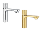 Zwei moderne Wasserhähne in Chrom und Gold.