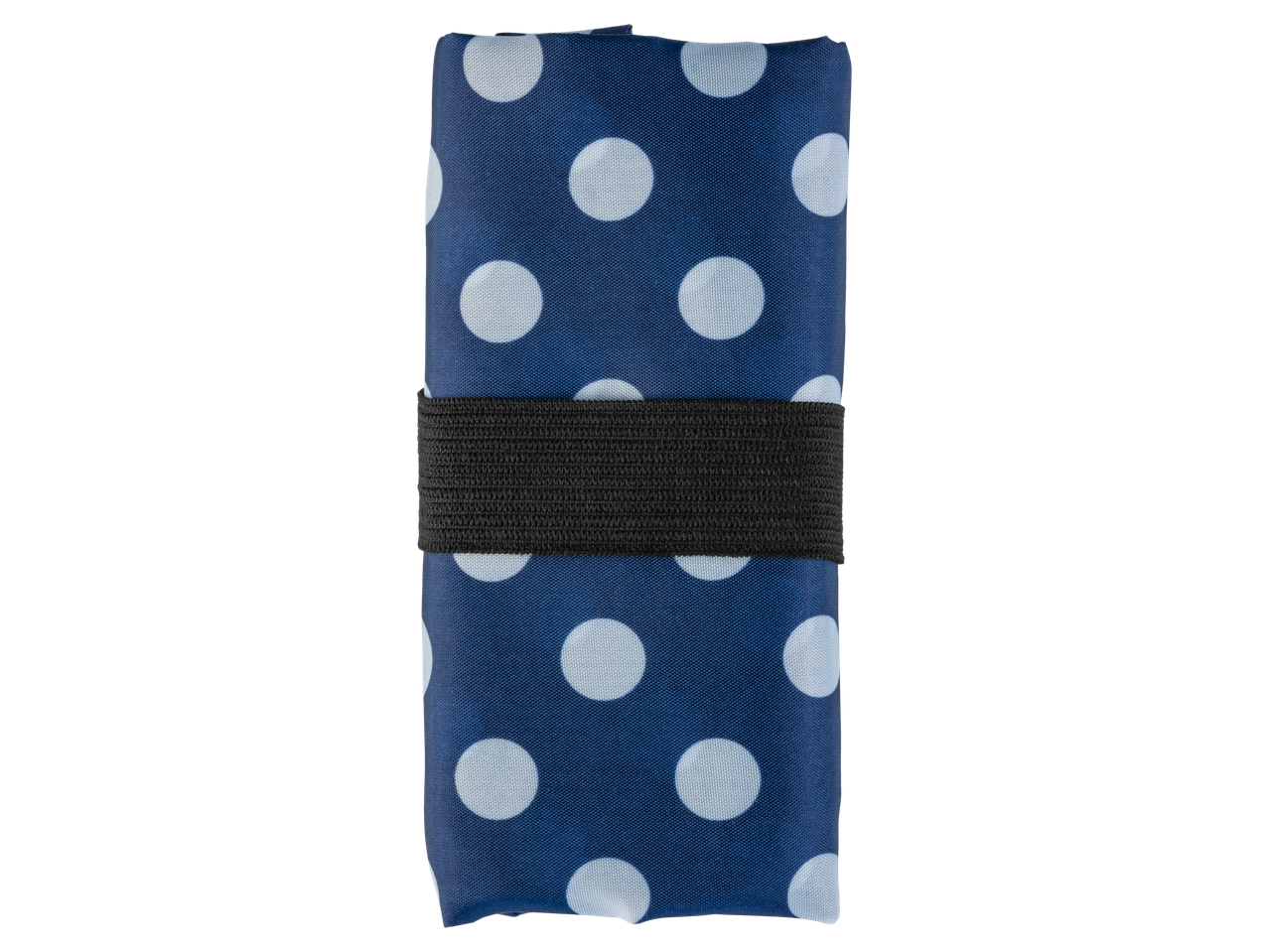 Saco de compras dobrável azul às bolinhas com elástico.