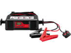 Car battery charger with clamps and UK plug, displaying battery type, mode, start/stop, and test buttons.
