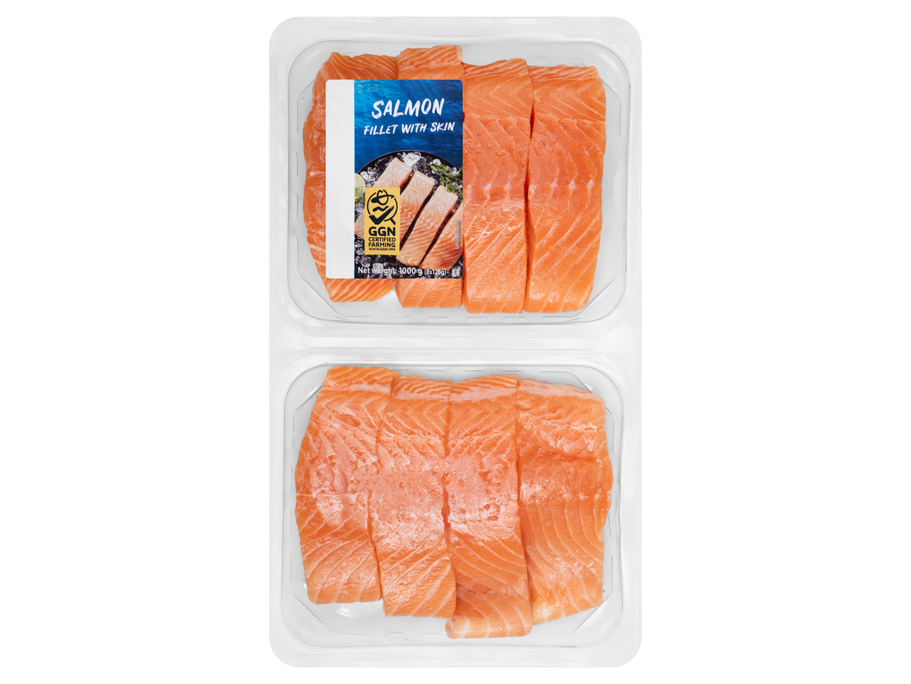 Két átlátszó tálca GGN minősítésű lazacfilé bőrrel, 1000g (8x125g).
