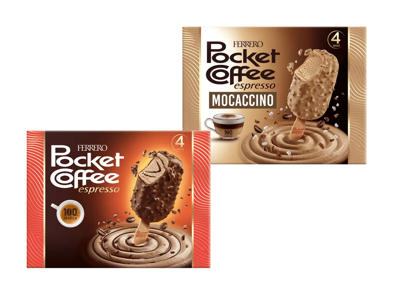 Zwei Packungen Espresso-Eis am Stiel, eine Moccacino-Variante und eine klassische.
