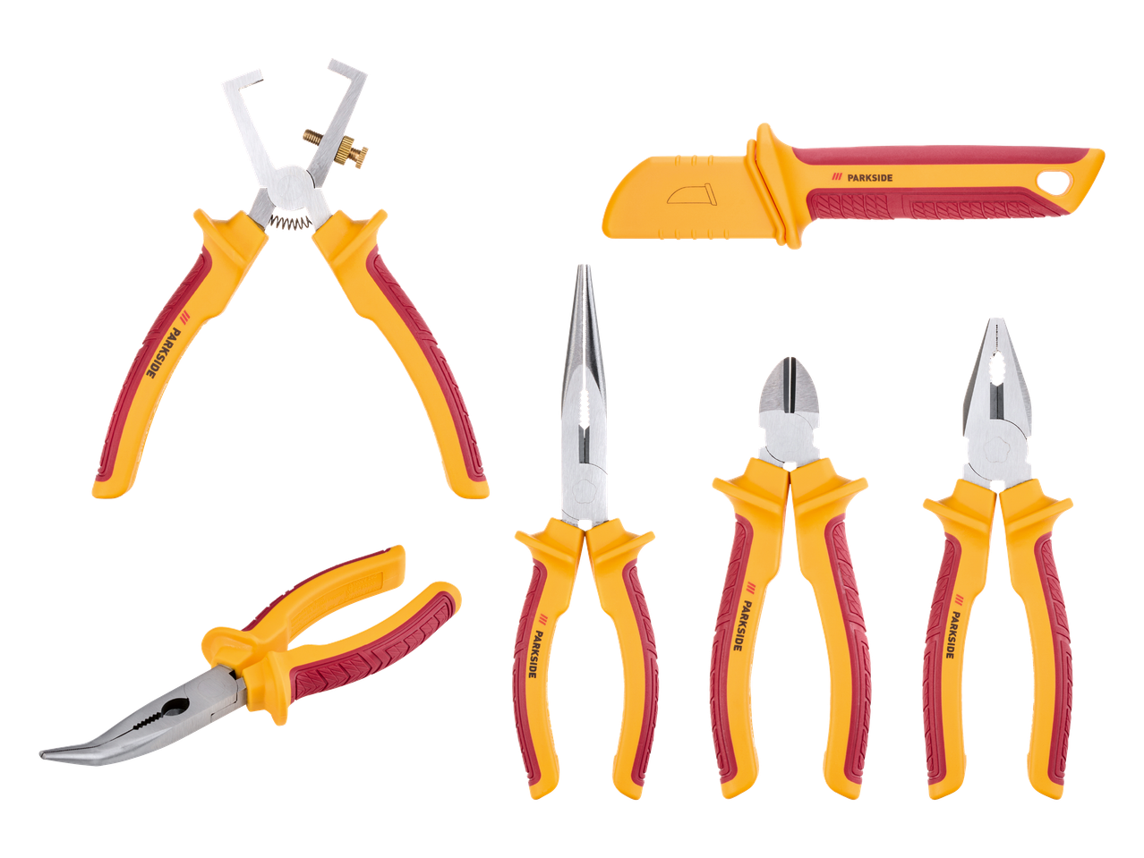 Set alata za električare: kliješta za skidanje izolacije, nož, šiljasta kliješta, bočna kliješta i kombinirana kliješta.
