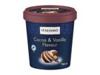 A tub of cocoa and vanilla flavour ice cream, 750 ml, with a Rainforest Alliance cocoa seal.