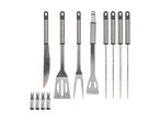 Stainless steel BBQ grilling tool set with spatula, fork, knife, skewers, and carrying case.