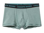 Striped boxer shorts with a black waistband featuring 'CHAMPS SQUAD' text.
