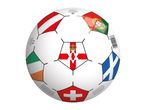 A white football with flags of Austria, Portugal, Northern Ireland, Ireland, Scotland, and Switzerland, featuring a barcode and CE mark.