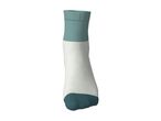 Single sock with a teal cuff and toe, and a white body.