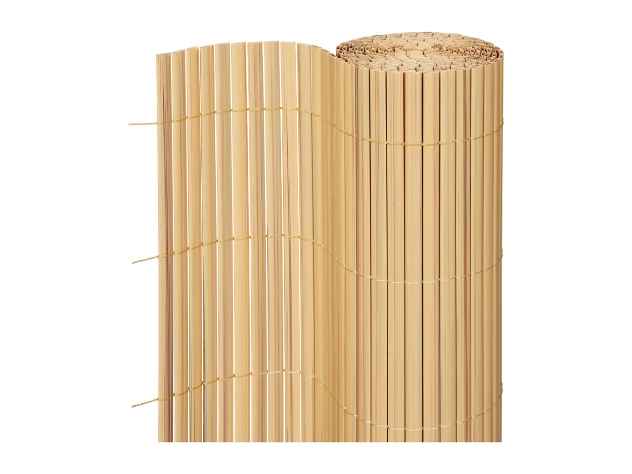 Rolled-up bamboo fence or privacy screen, light brown, tied with string.