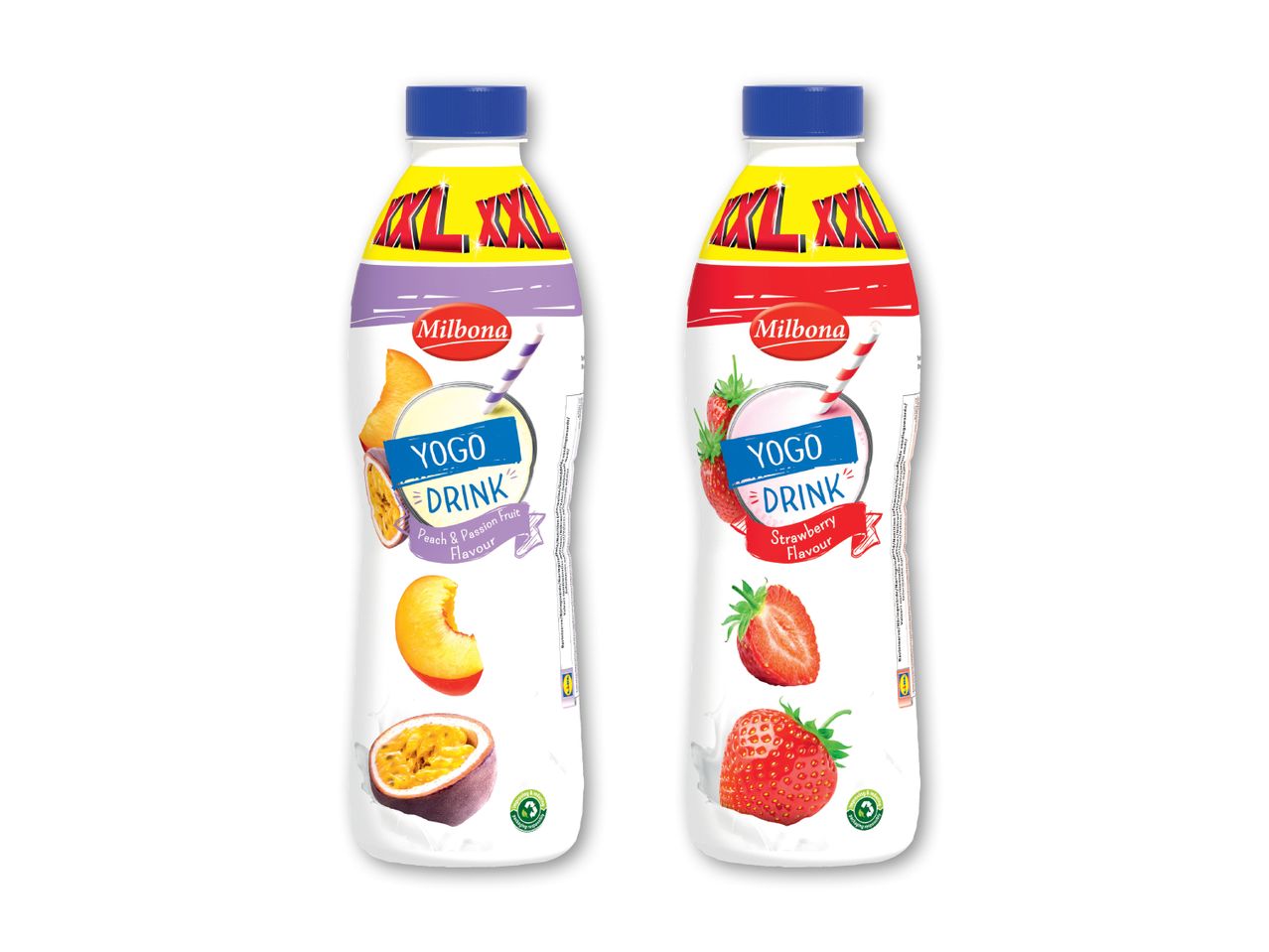 To flasker med frugt-yoghurt fra Mother Dairy.