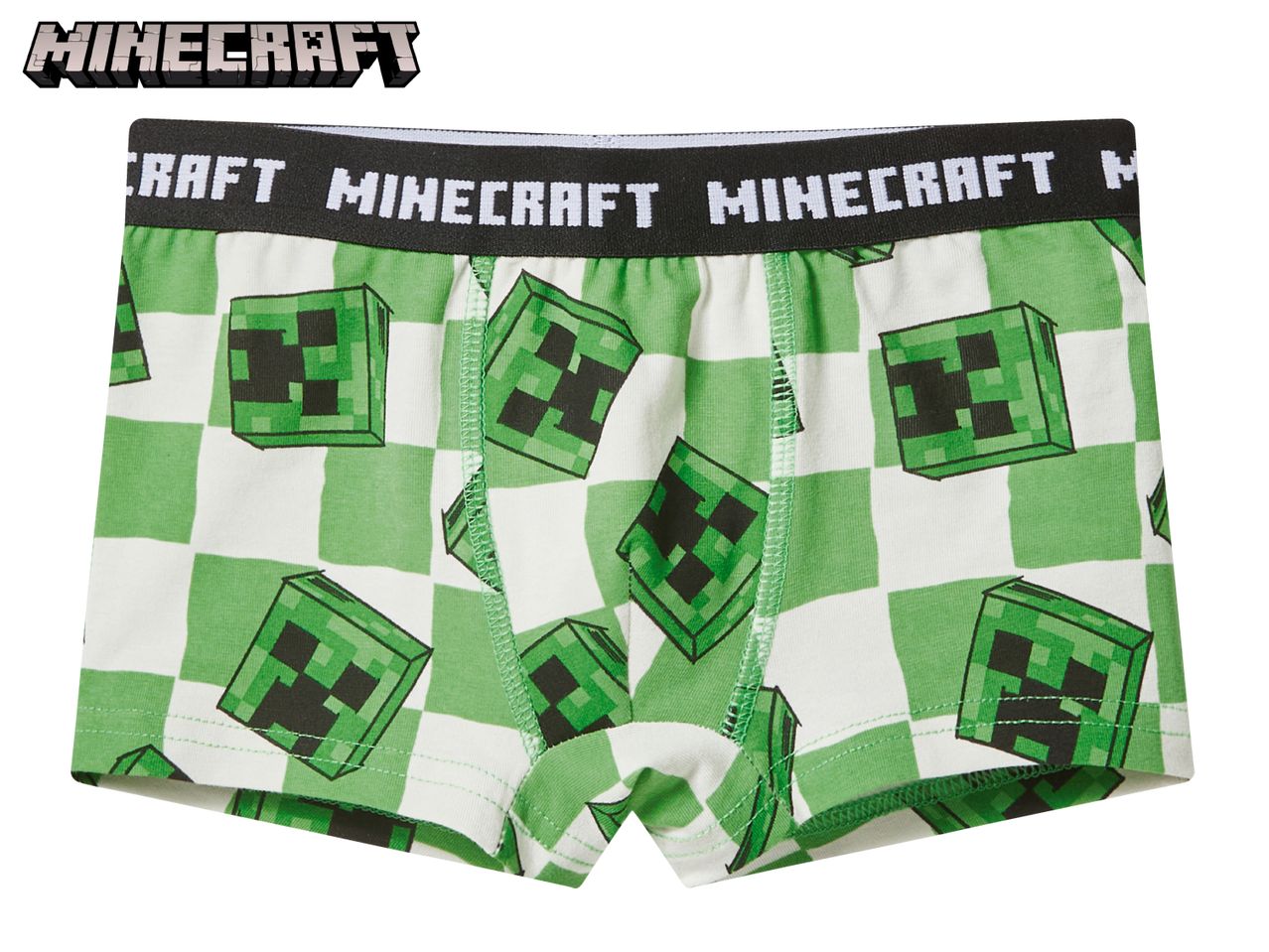 Green and white checkered boxer briefs with pixelated creeper faces and a logo waistband
