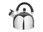 A stainless steel kettle with a black handle.