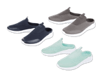 Drei Paar bequeme Slip-on-Sneaker in Grau, Dunkelblau und Mintgrün.