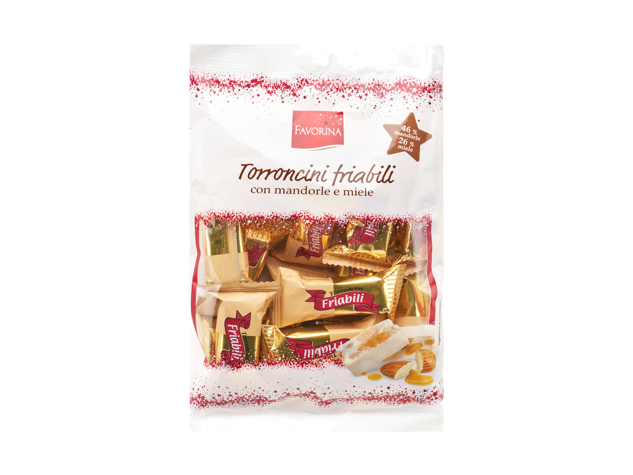 Favorina Torroncini friabili con mandorle e miele in una busta trasparente.