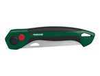 Green and black folding saw with a red button and a silver blade