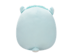 Plush toy in the shape of a light blue animal with ears and a tail, seen from the back.
