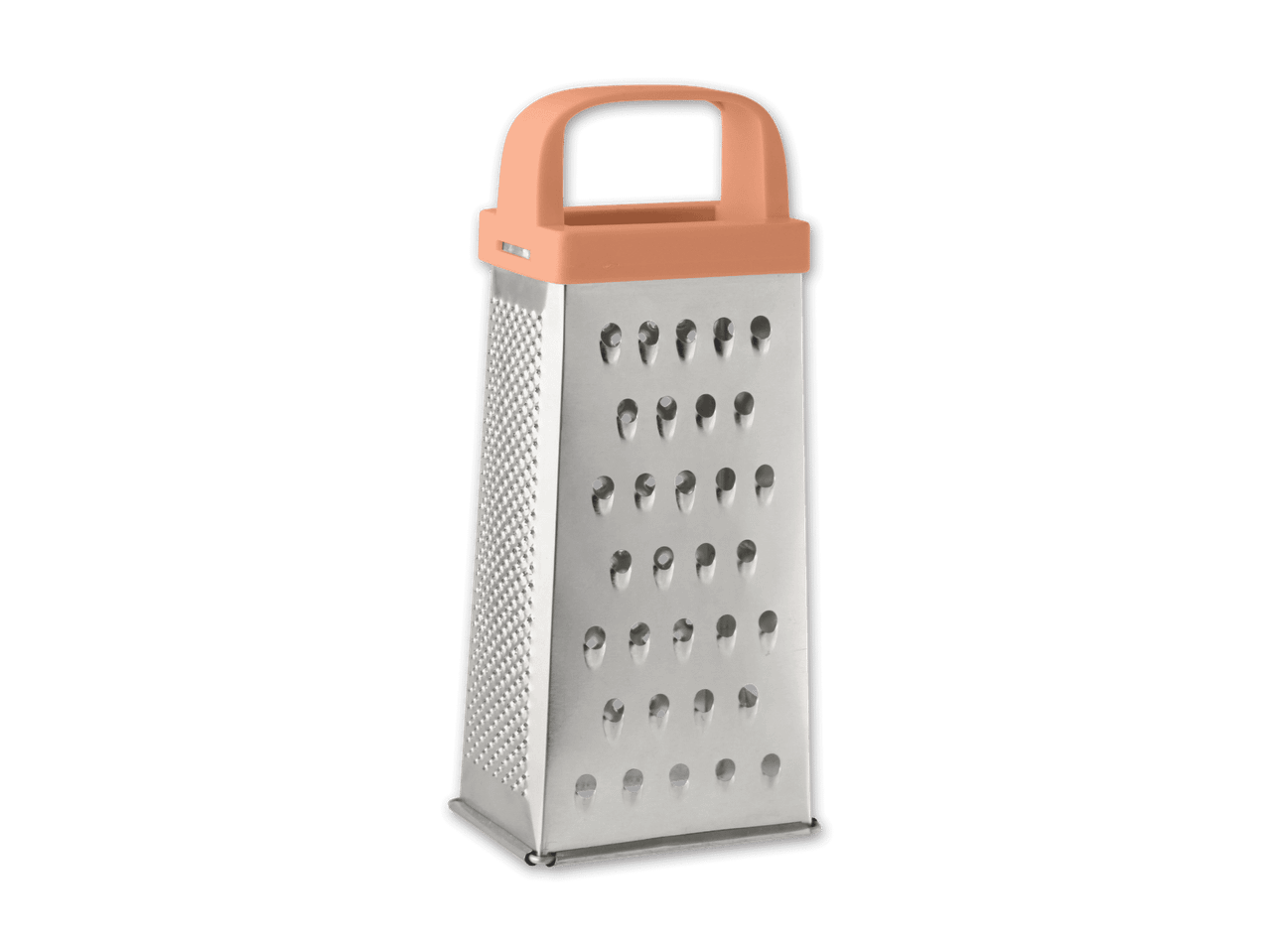 Eine Boxreibe aus Edelstahl mit orangenem Griff.