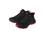 Черни туристически обувки с червени подметки и акценти, водоустойчиви.