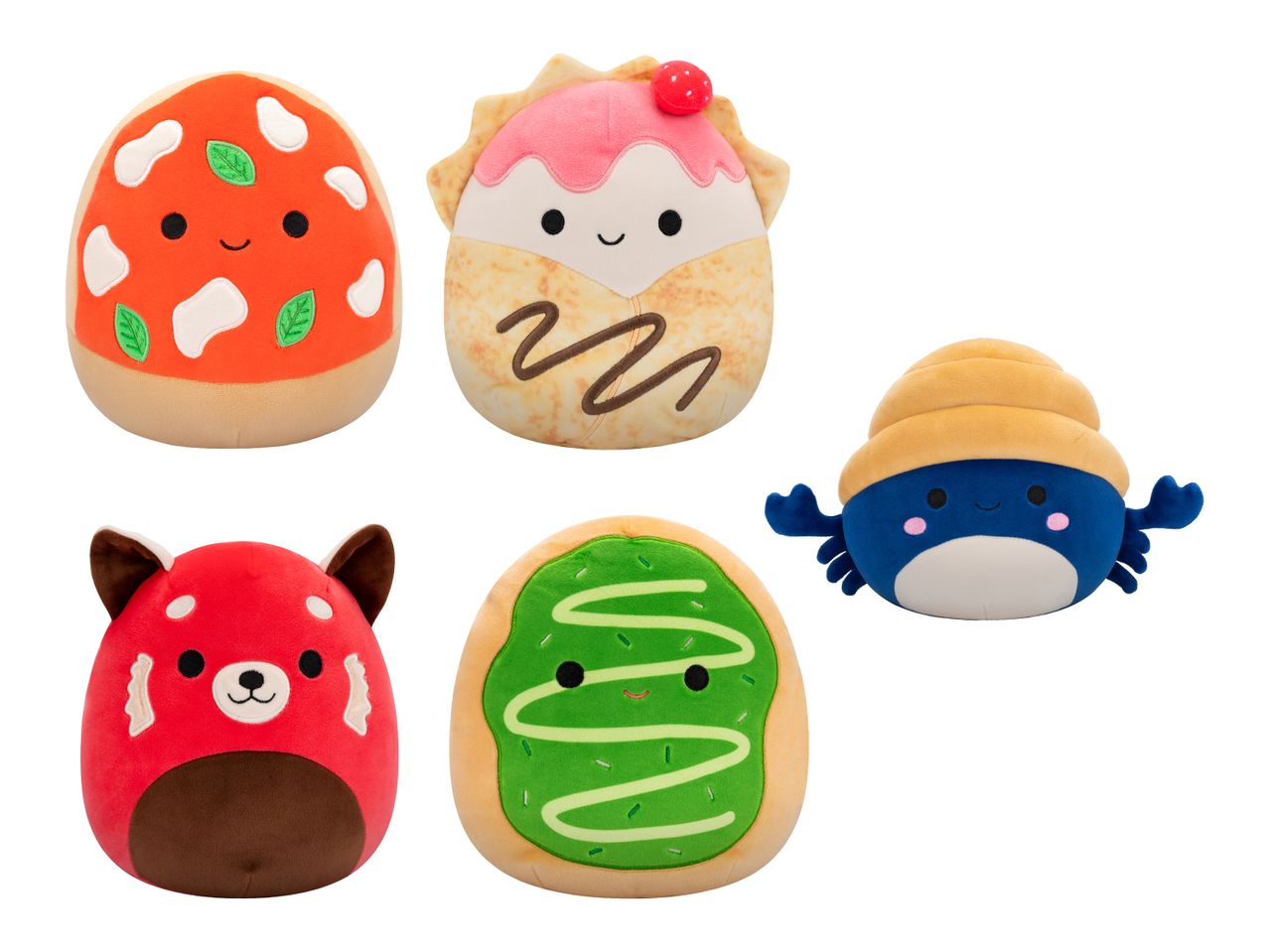 Fünf Squishmallows: Pilz, Crêpe, Einsiedlerkrebs, Roter Panda und Donut.