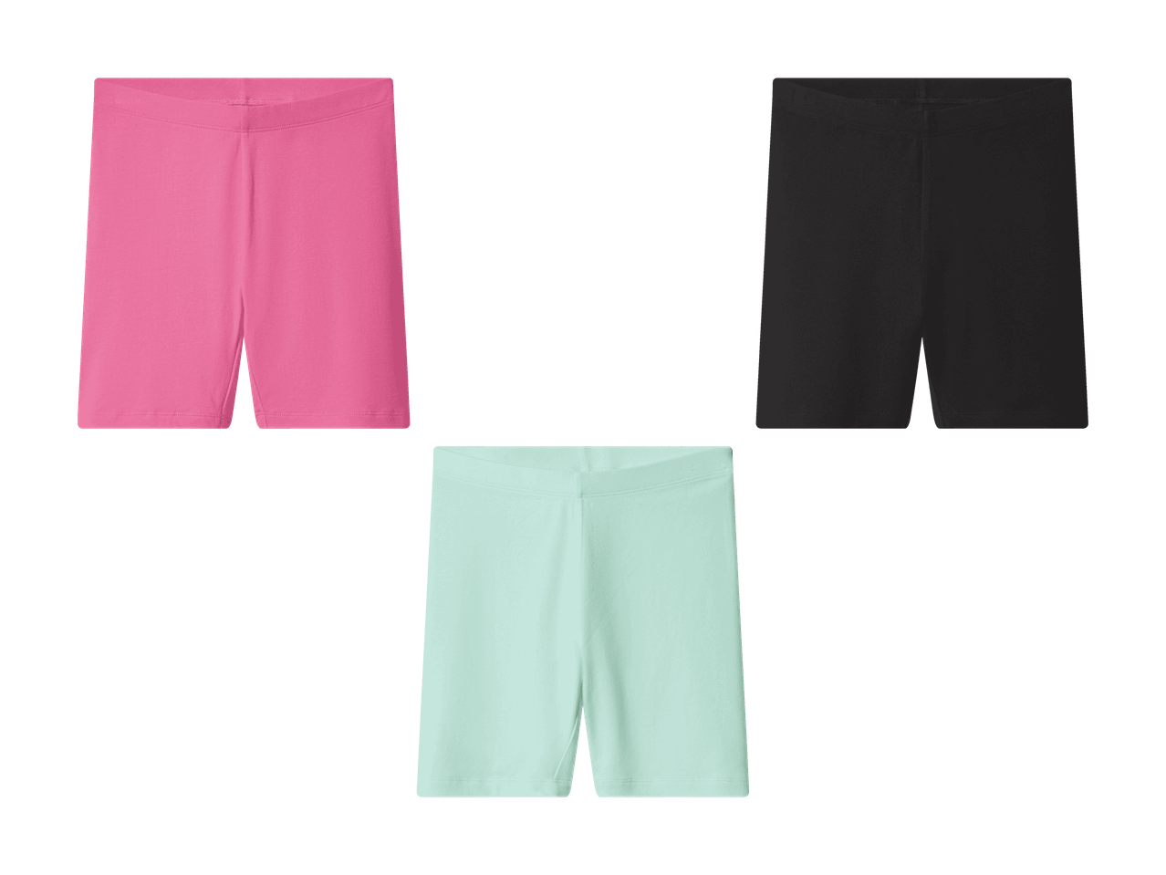 Trois shorts de cyclisme pour femmes en rose, noir et vert menthe.