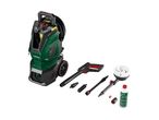 High-pressure cleaner with various nozzles, brushes, and cleaning solution.