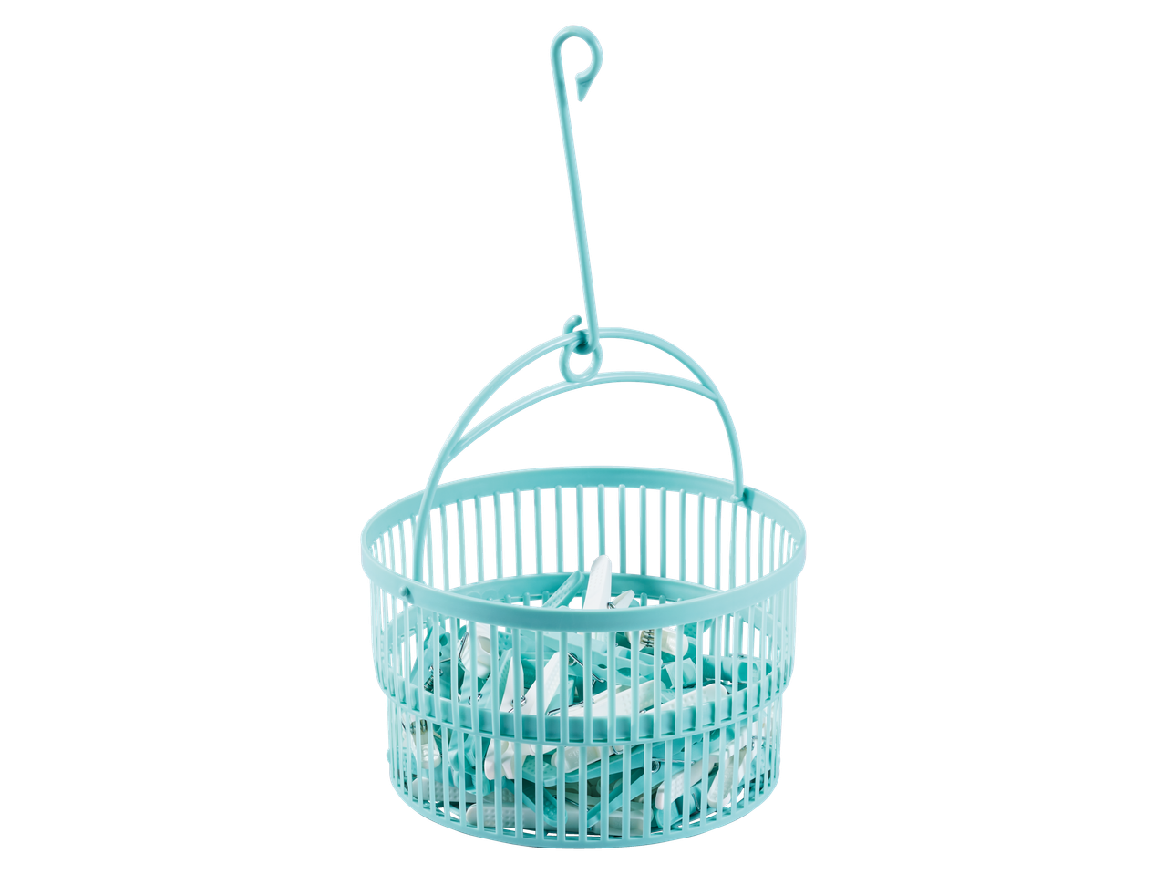 Cesto W5 turquesa com molas de roupa brancas e turquesa