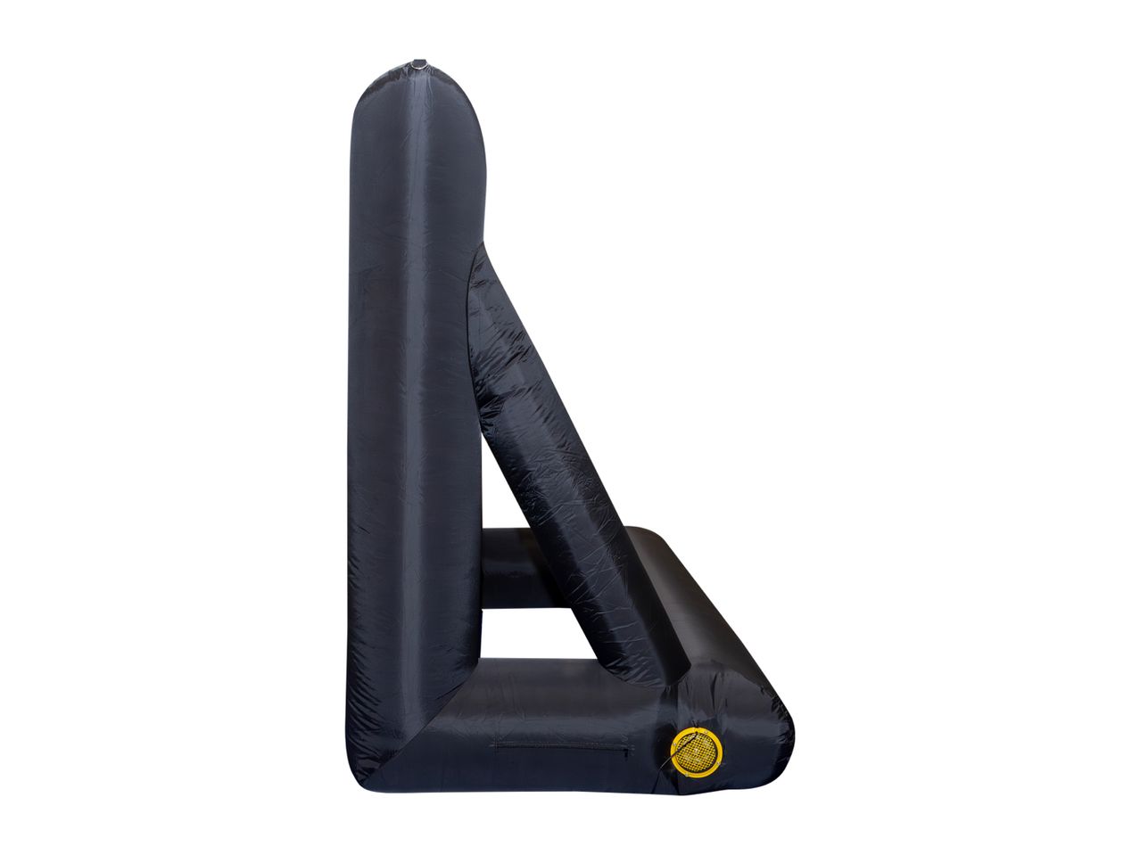 Black inflatable outdoor movie screen with a yellow air valve on the side.