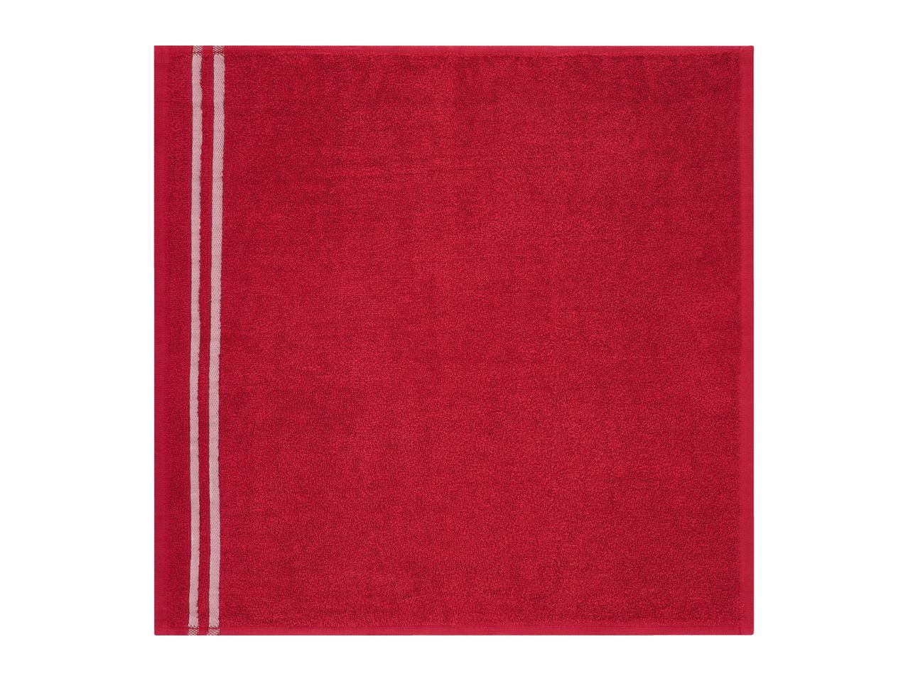 Red hand towel with two vertical white stripes on the left side.