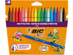 A pack of 18 fine tip felt pens in various colors, with cartoon characters and text about long-lasting use.