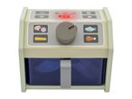 Toy air fryer with digital display, control knob, and food icons like mushrooms, fish, and chicken.
