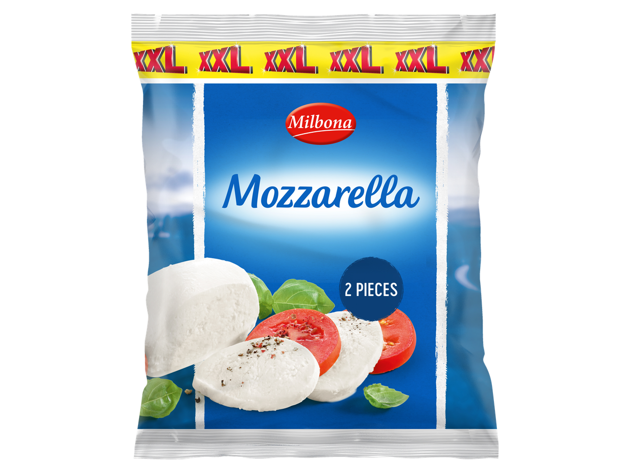 Milbona XXL Mozzarella package containing 2 pieces.