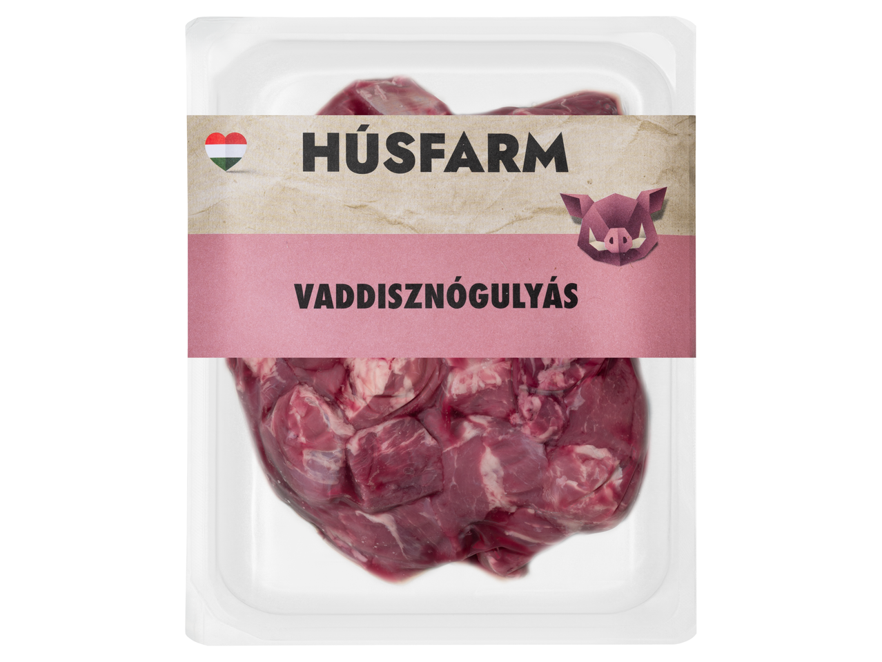 Húsfarm friss vaddisznó gulyáshús csomagolásban.